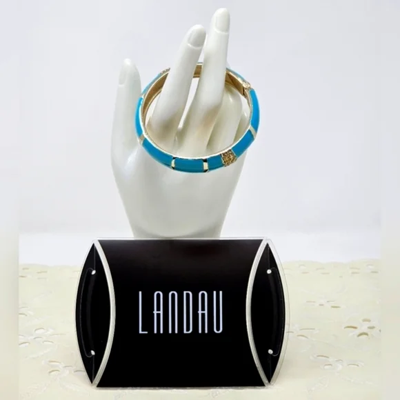 LANDAU Gold Clear Rhinestone and Blue Hinged Bangle Bracelet - Picture 3 of 5